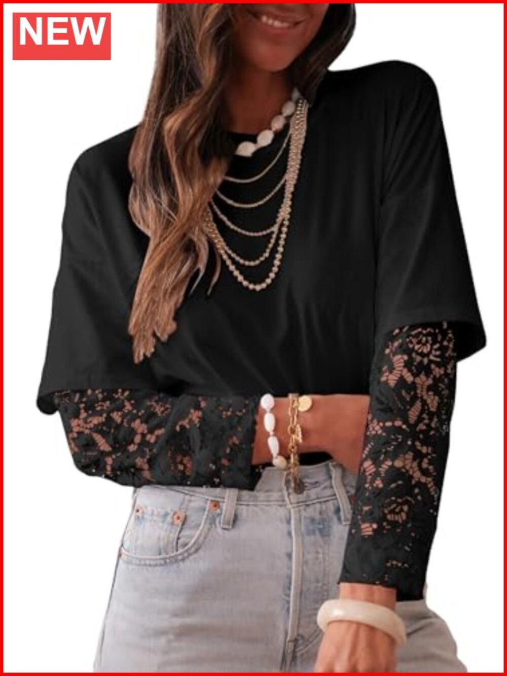 LOLONG Long Sleeve Lace Patchwork Crew Neck Casual T-Shirt Top